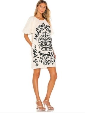 Free People ivory and black heavily embroidered puff sleeve dress